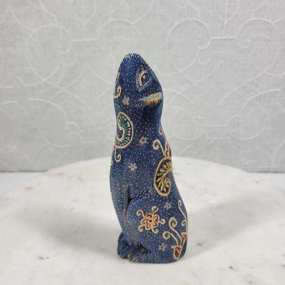 VTG Wooden Cat Shelf Sitter 6" Blue Hand Made Carved Painted Paisley Floral - Picture 2 of 16